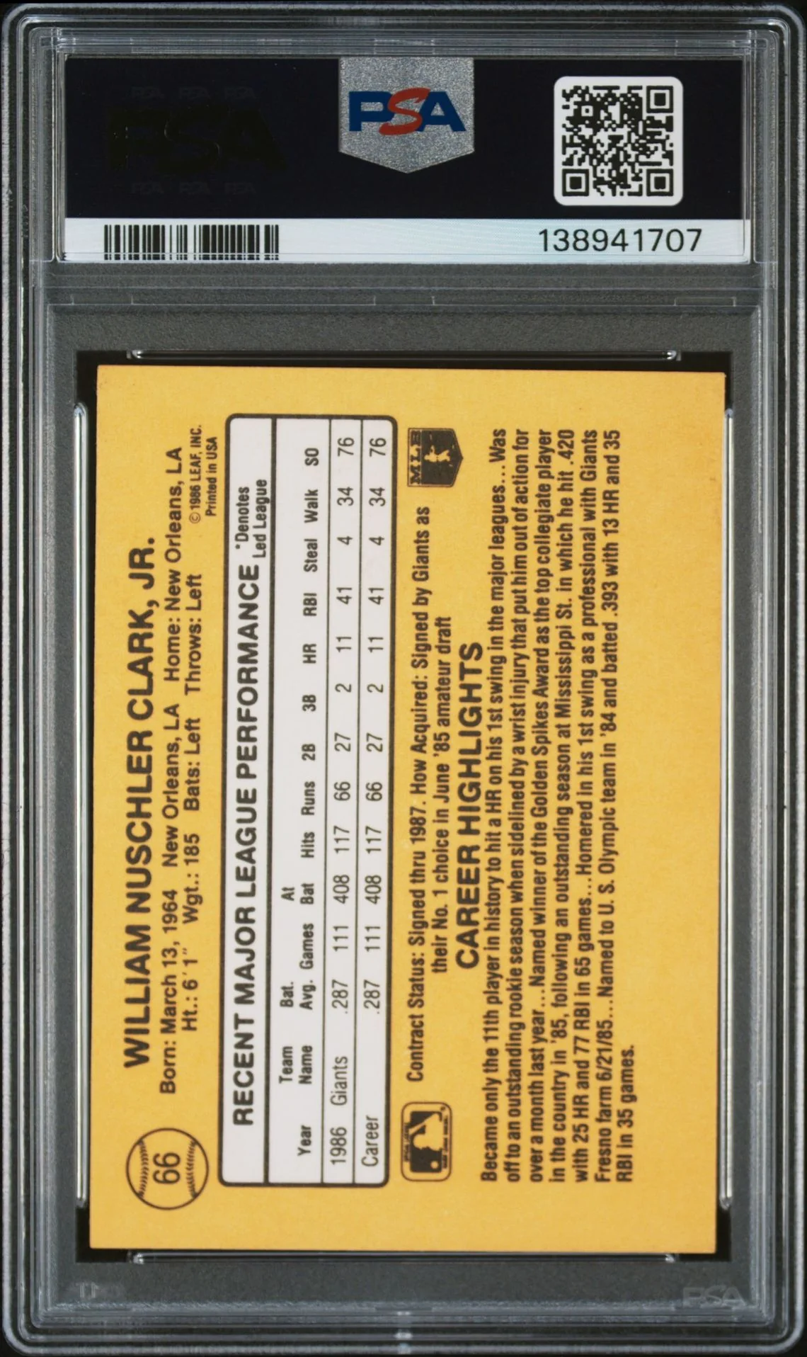 Will Clark 1987 Donruss San Francisco Giants Signed Baseball RC Rookie Card #66 PSA 8 Auto 10 Cert #138941707 - Image 2