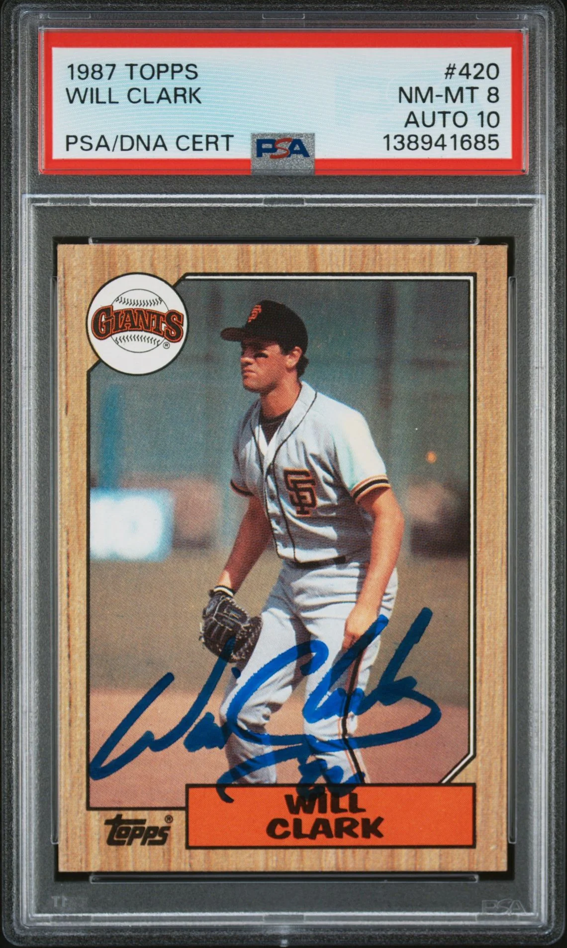 Will Clark 1987 Topps San Francisco Giants Signed Baseball RC Rookie Card #420 PSA 8 Auto 10 Cert #138941685