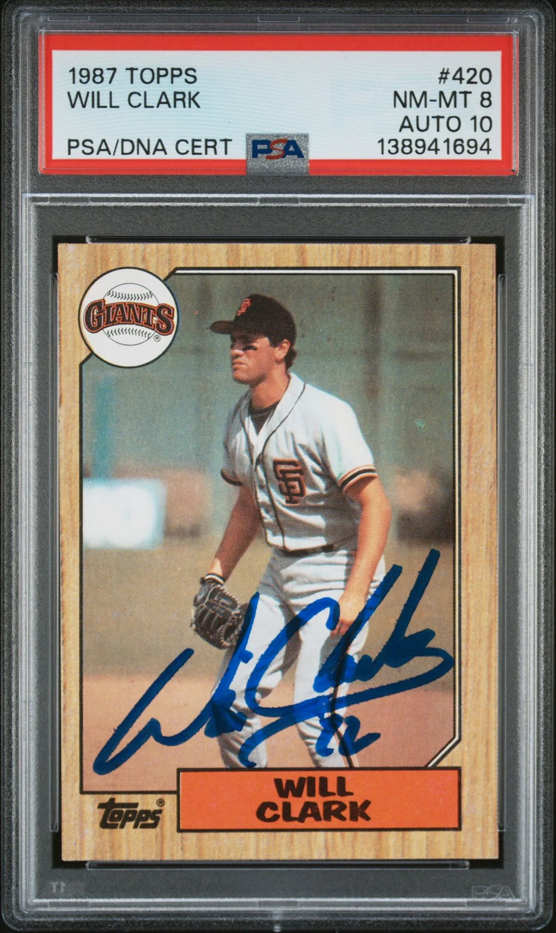 Will Clark 1987 Topps San Francisco Giants Signed Baseball RC Rookie Card #420 PSA 8 Auto 10 Cert #138941694