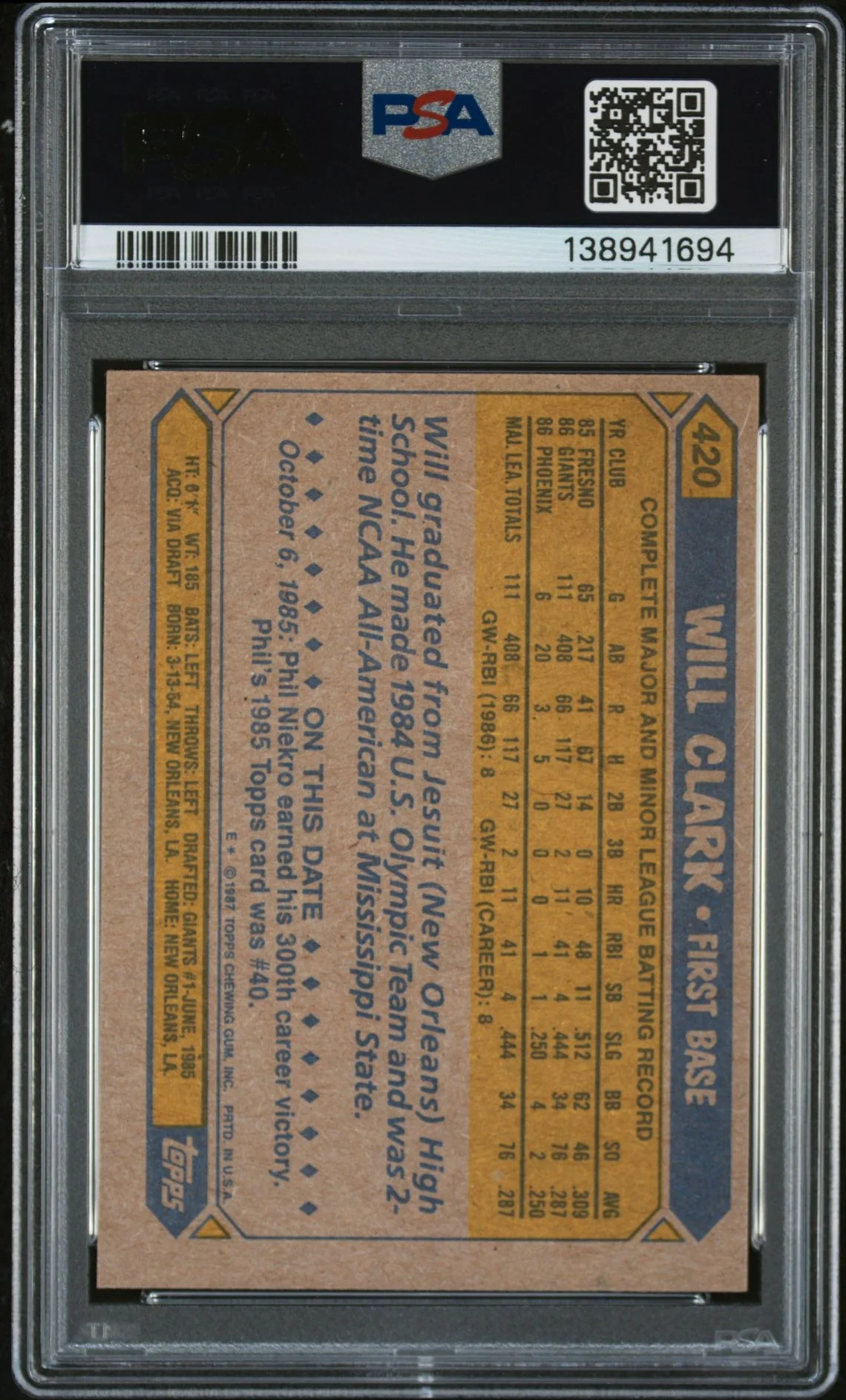 Will Clark 1987 Topps San Francisco Giants Signed Baseball RC Rookie Card #420 PSA 8 Auto 10 Cert #138941694 - Image 2