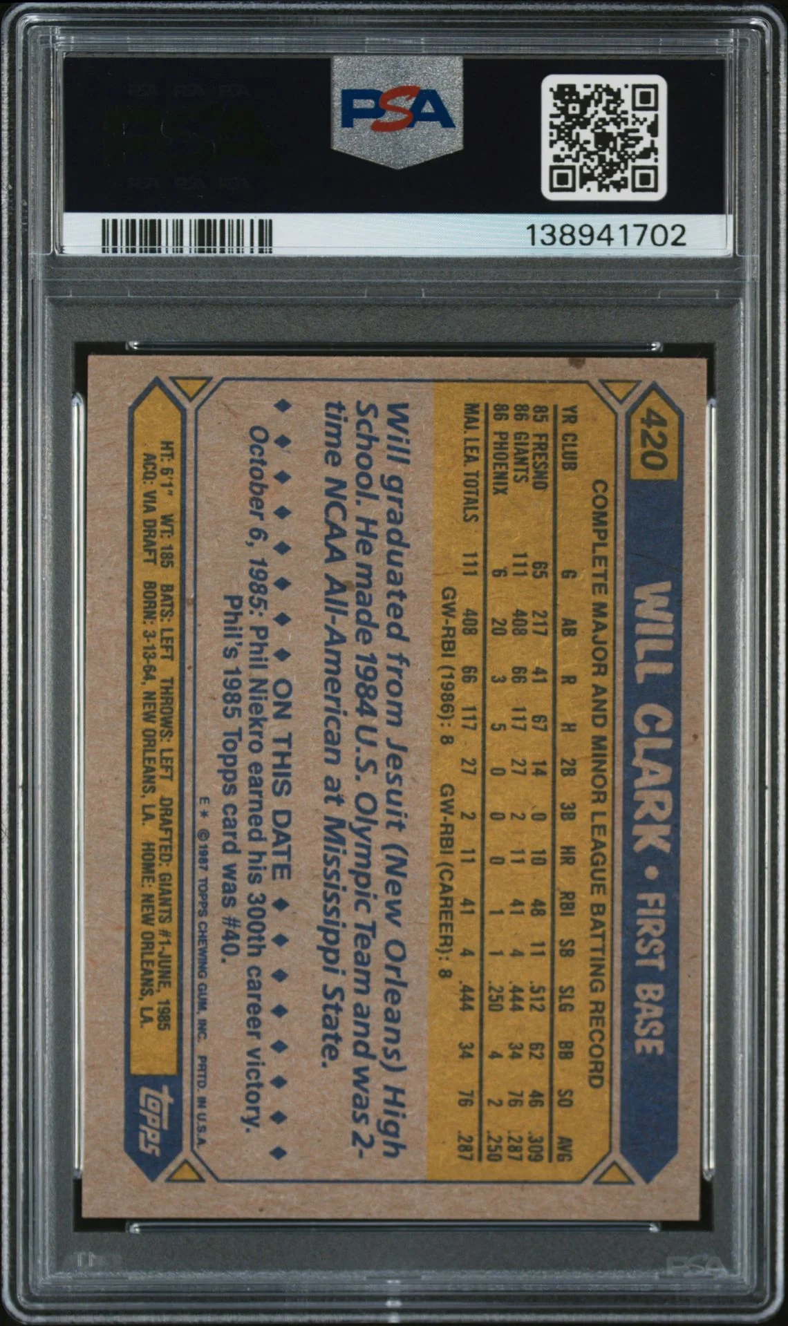 Will Clark 1987 Topps San Francisco Giants Signed Baseball RC Rookie Card #420 PSA 8 Auto 10 Cert #138941702 - Image 2