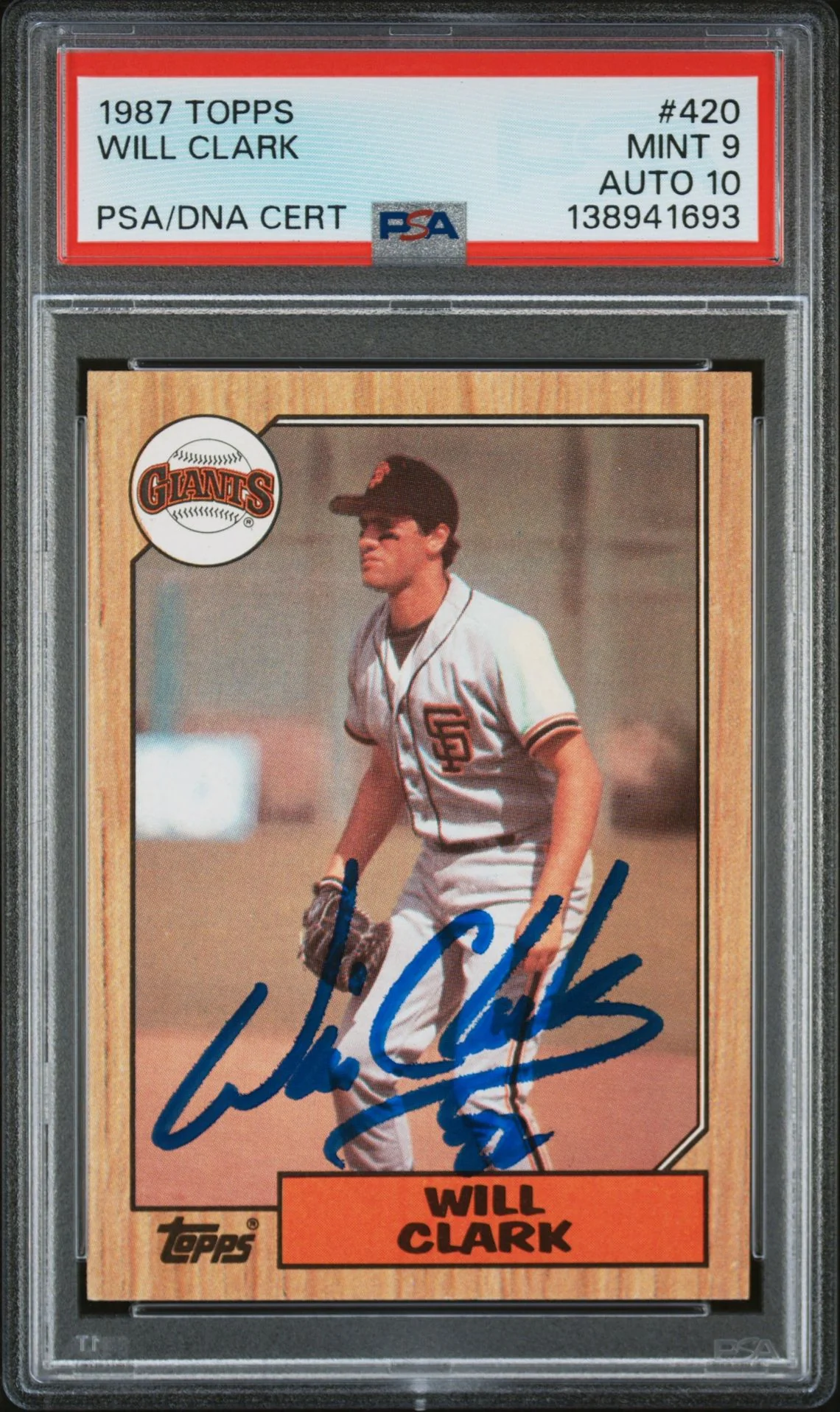 Will Clark 1987 Topps San Francisco Giants Signed Baseball RC Rookie Card #420 PSA 9 Auto 10 Cert #138941693