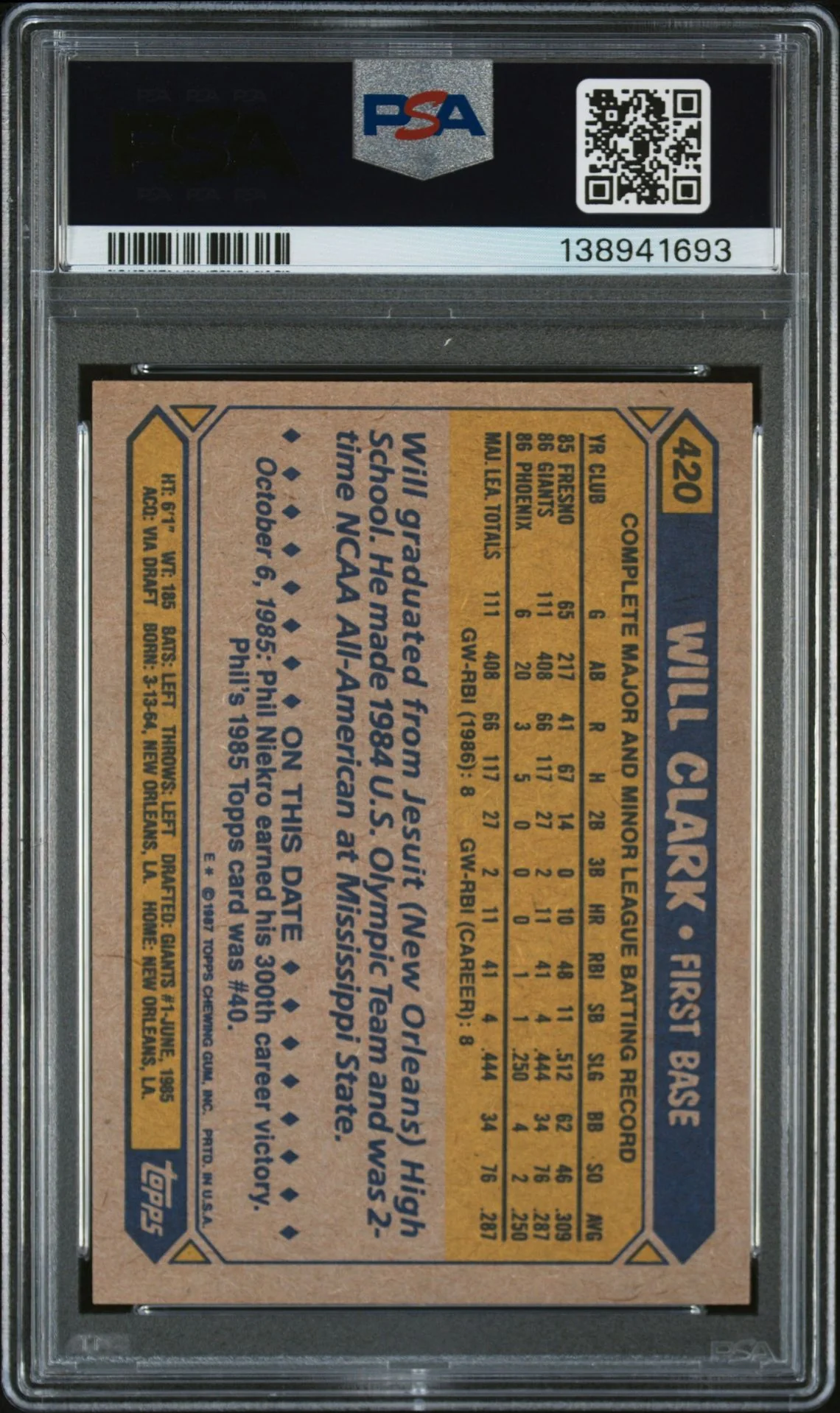 Will Clark 1987 Topps San Francisco Giants Signed Baseball RC Rookie Card #420 PSA 9 Auto 10 Cert #138941693 - Image 2