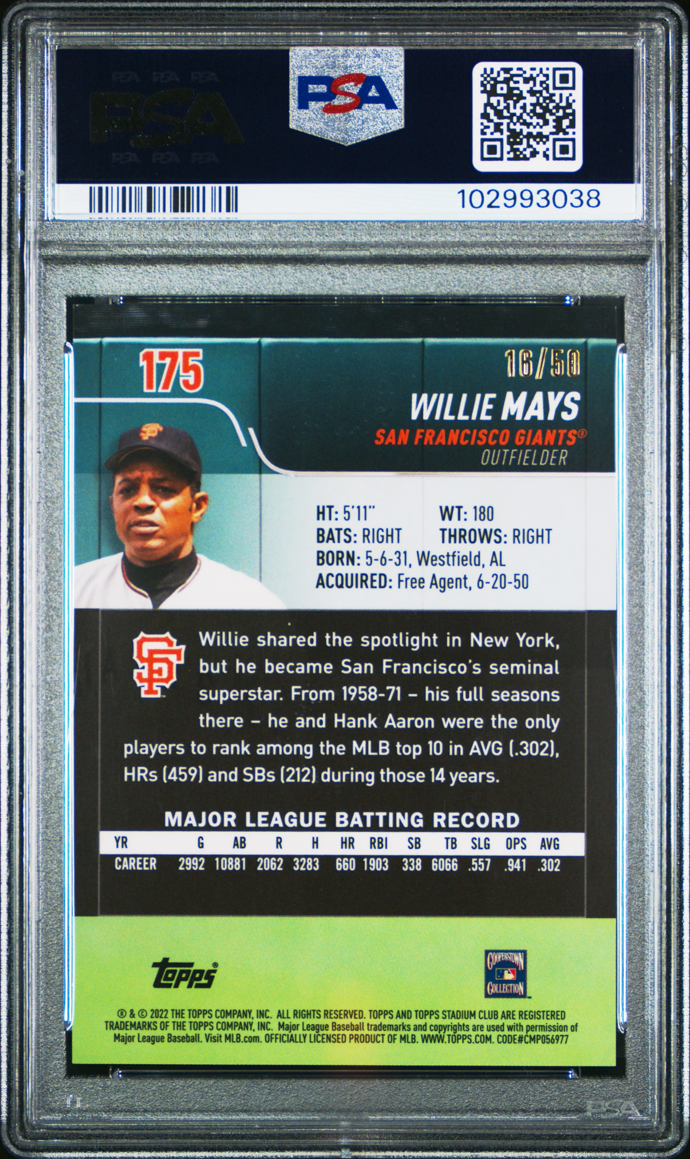 Willie Mays 2022 Stadium Club Chrome Gold Refractor San Francisco Giants Baseball Card #175 Graded PSA 10 Cert #102993038 16/50 - Image 2