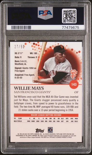 Willie Mays 2022 Topps Pristine Gold Refractor San Francisco Giants Baseball Card #143 27/50 Graded PSA 10 Cert #77479675 - Image 2