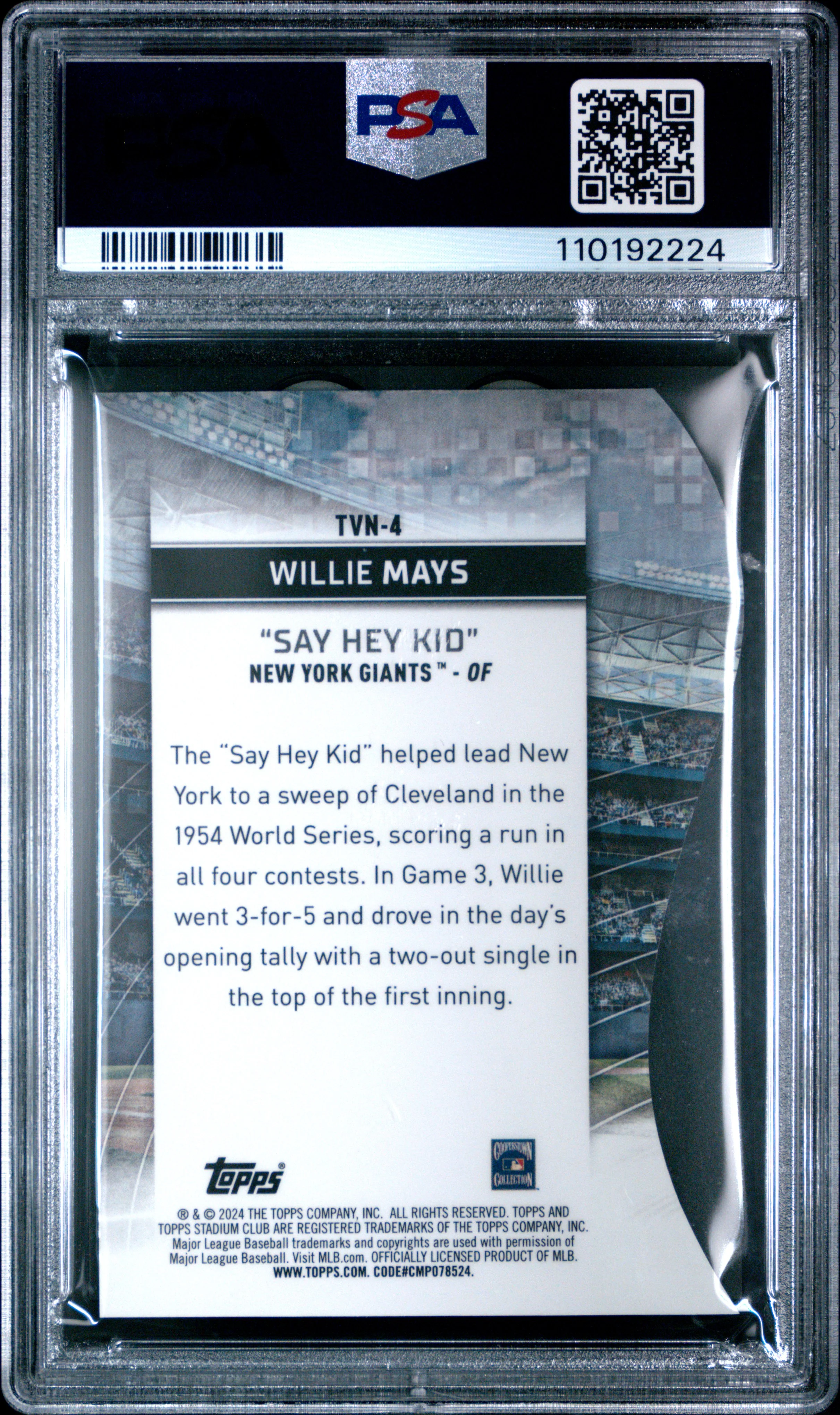 Willie Mays 2024 Topps Stadium Club Triumvirates Nickname Baseball Card #TVN4 Graded PSA 10 Cert #110192224 - Image 2
