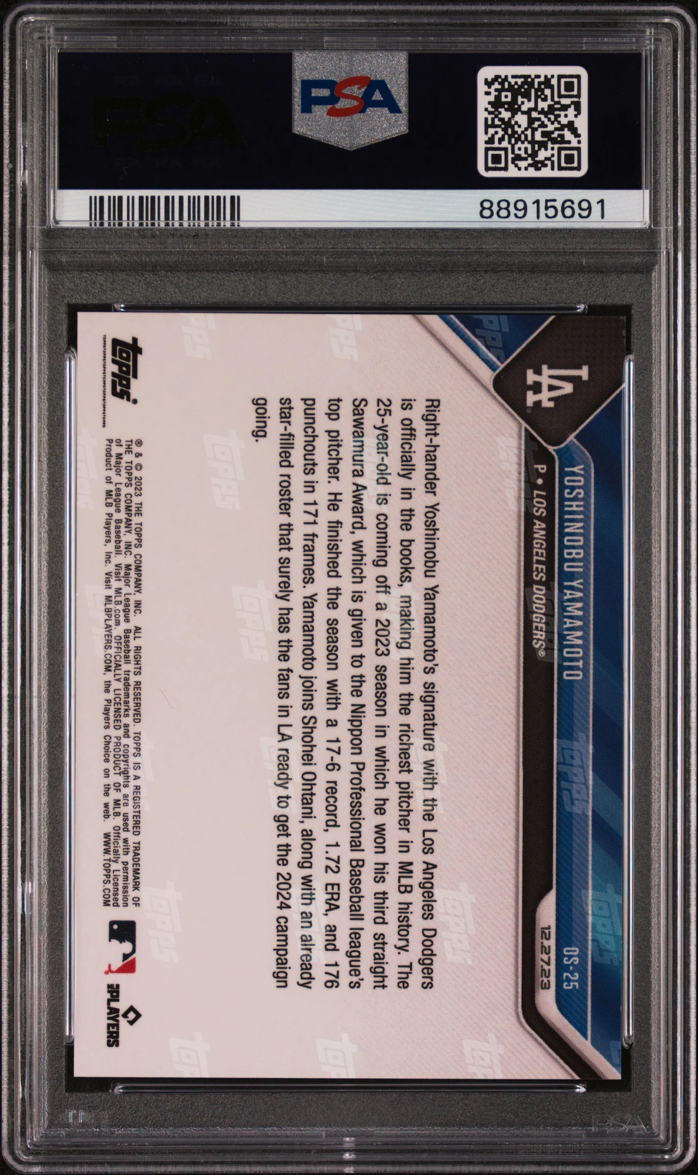 Yoshinobu Yamamoto 2023 Topps Now Offseason Baseball Rookie Card #OS25 Graded PSA 10 Cert #88915691 - Image 2