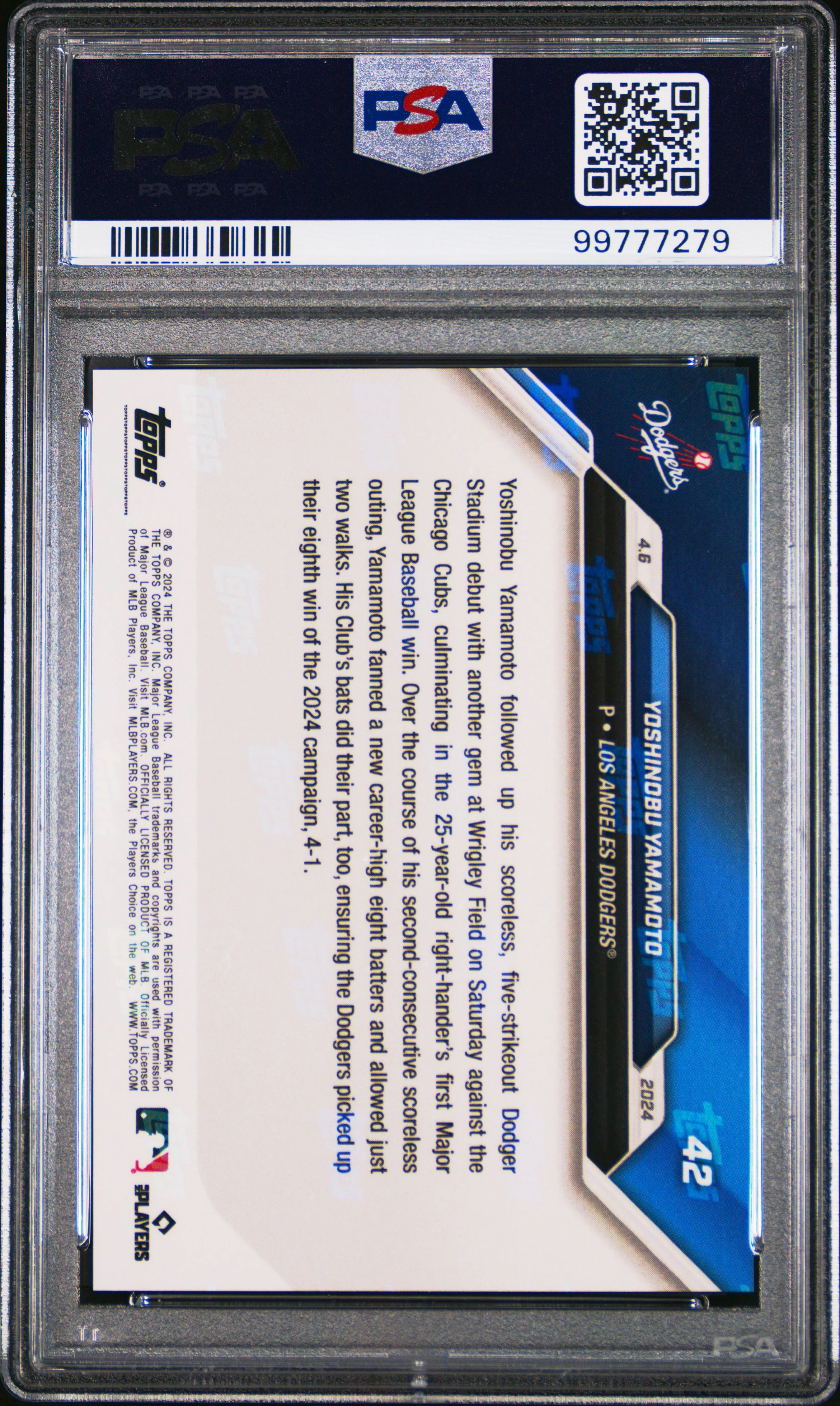 Yoshinobu Yamamoto 2024 Topps Now 1st Win Baseball Rookie Card #42 Graded PSA 10 Cert #99777279 - Image 2