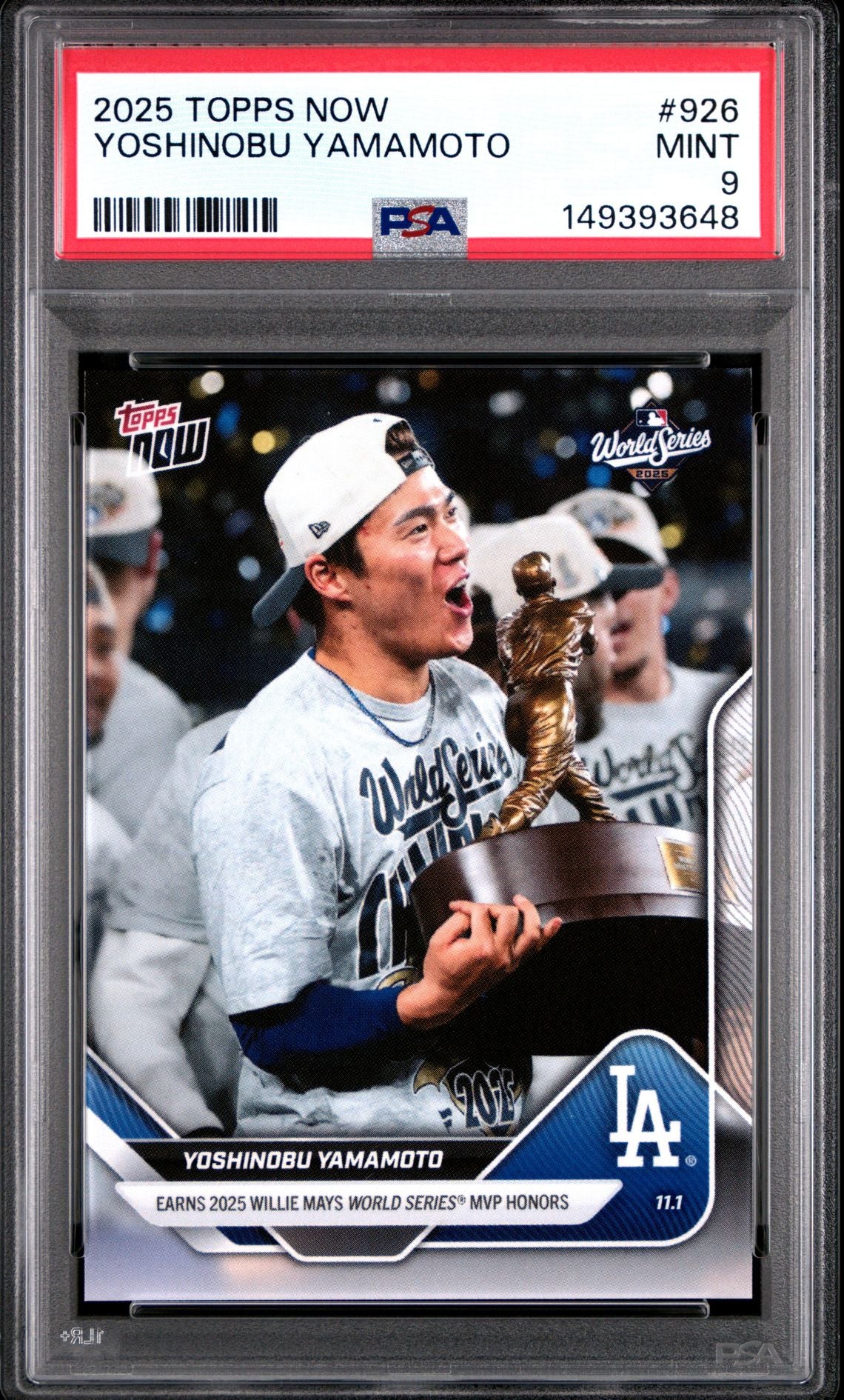 Yoshinobu Yamamoto 2025 Topps Now Los Angeles Dodgers World Series MVP Baseball Card #926 Graded PSA 9 Cert #149393648